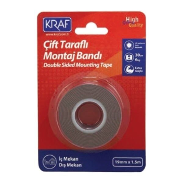 Kraf 2520G 19 mm x 1,5 mt Çift Taraflı Montaj Bandı