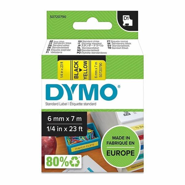 DYMO 43618 D1 6mmx7mt Sarı Üzerine Siyah Yedek Şerit