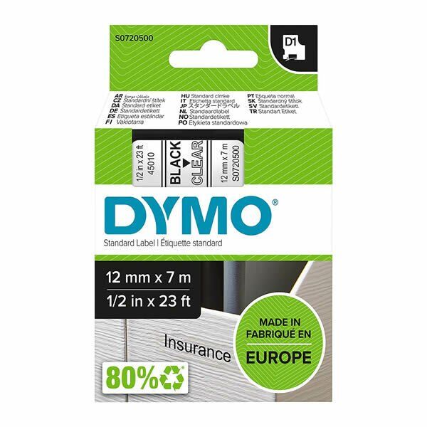 DYMO 45010 D1 12mmx7mt Şeffaf Üzerine Siyah Yedek Şerit