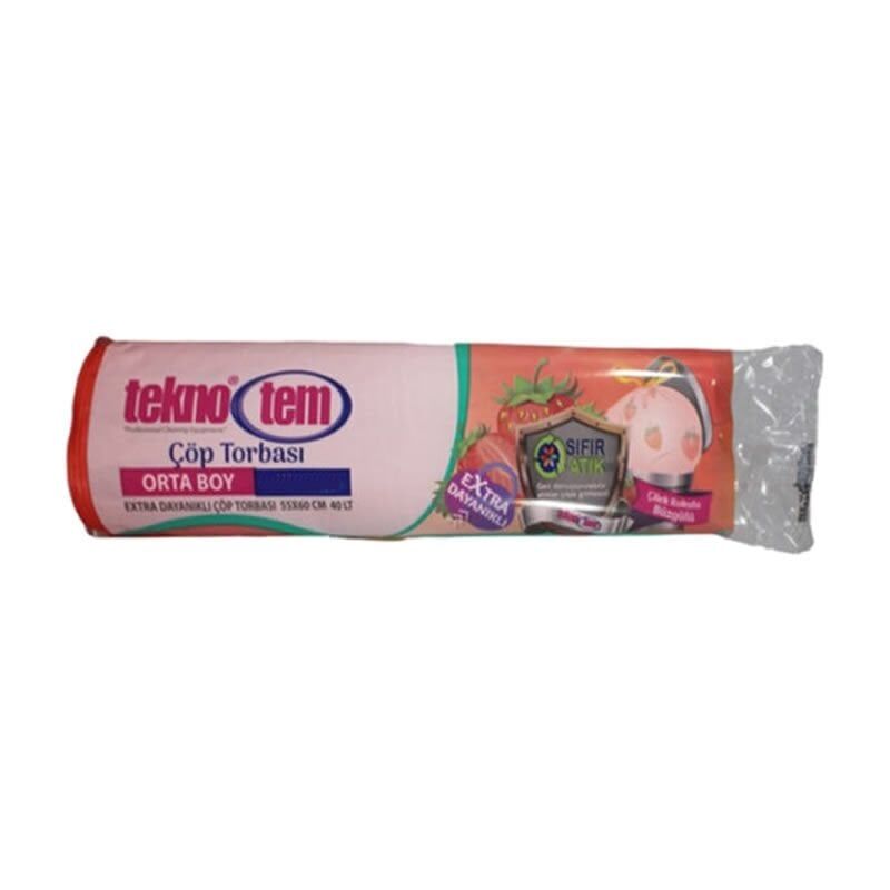 Teknotem 55x60 10 lu Çilek Kokulu Büzgülü Orta Boy Çöp Poşeti