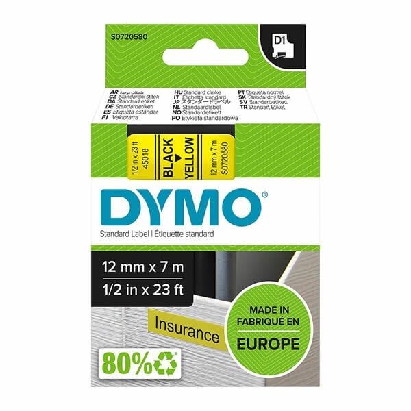 DYMO 45018 D1 12mmx7 mt Sarı Üzerine Siyah Yedek Şerit