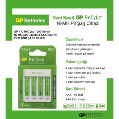 GP E411 USB Şarj Cihazı + 4 lü AAA 950 mAh Pil