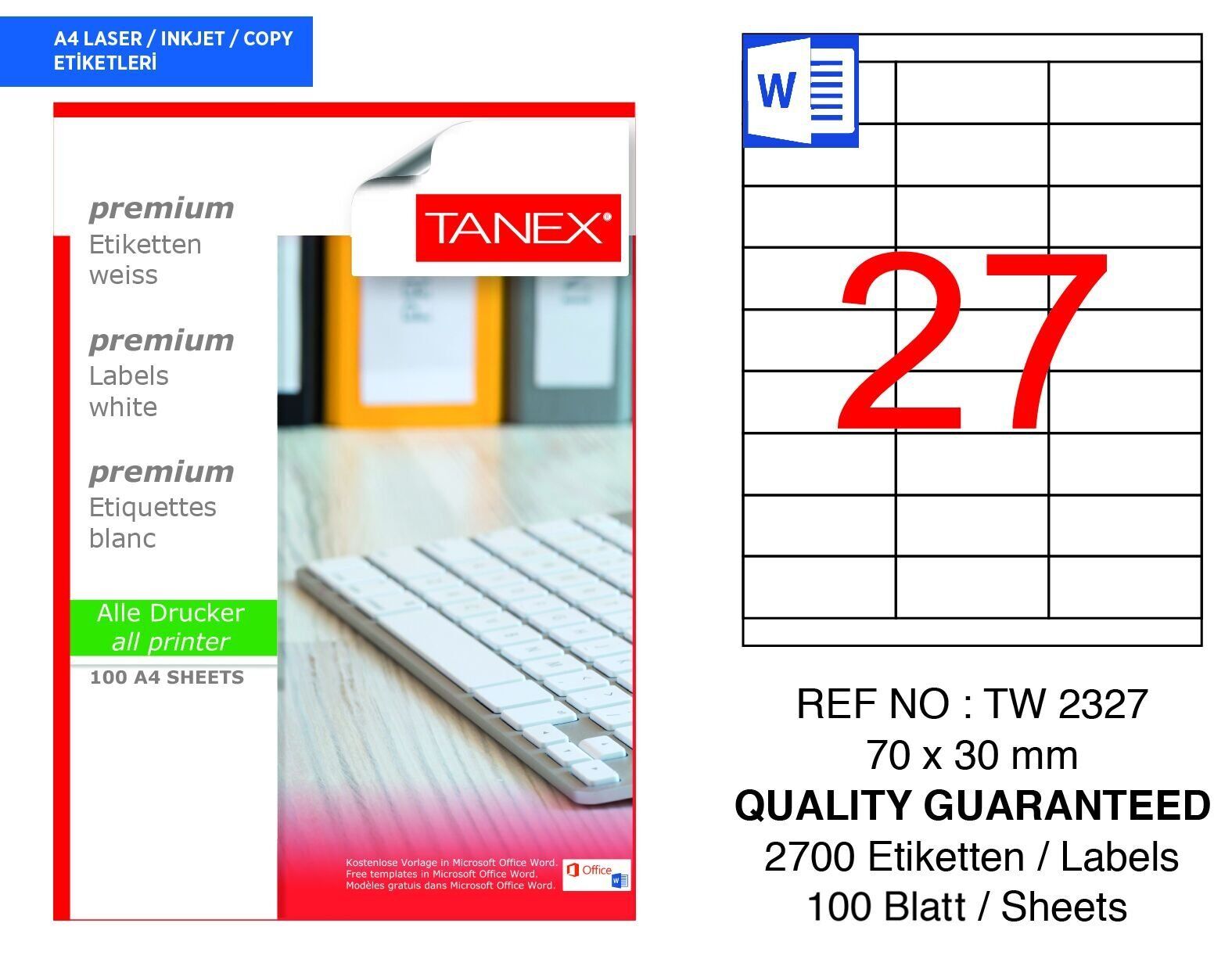 Tanex TW-2327 70x30mm 100 lü Lazer Etiketi