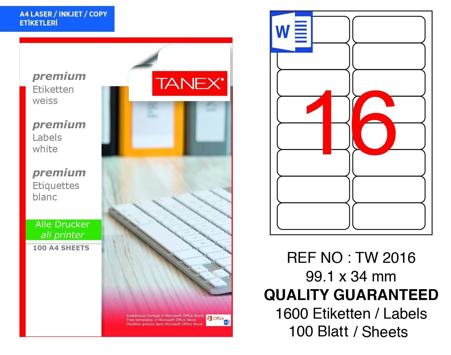 Tanex TW-2016 99,1x34mm100 lü Lazer Etiket