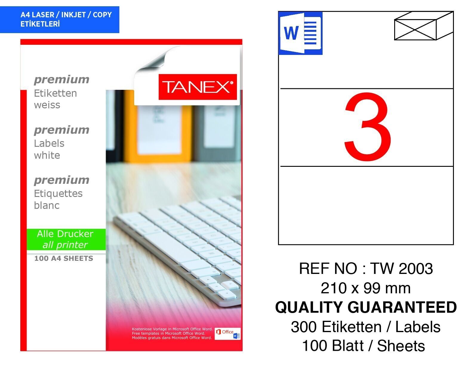 Tanex TW-2003 210X99mm 100 lü Lazer Etiket