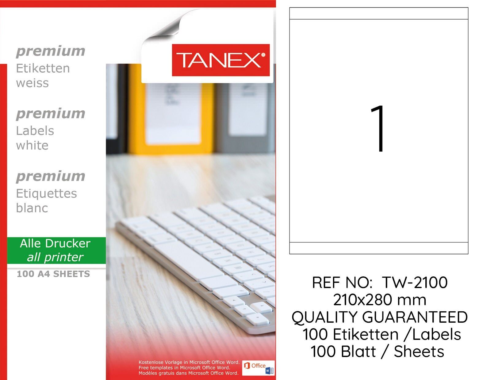 Tanex TW-2100 210x280mm 100 lü Lazer Etiketi
