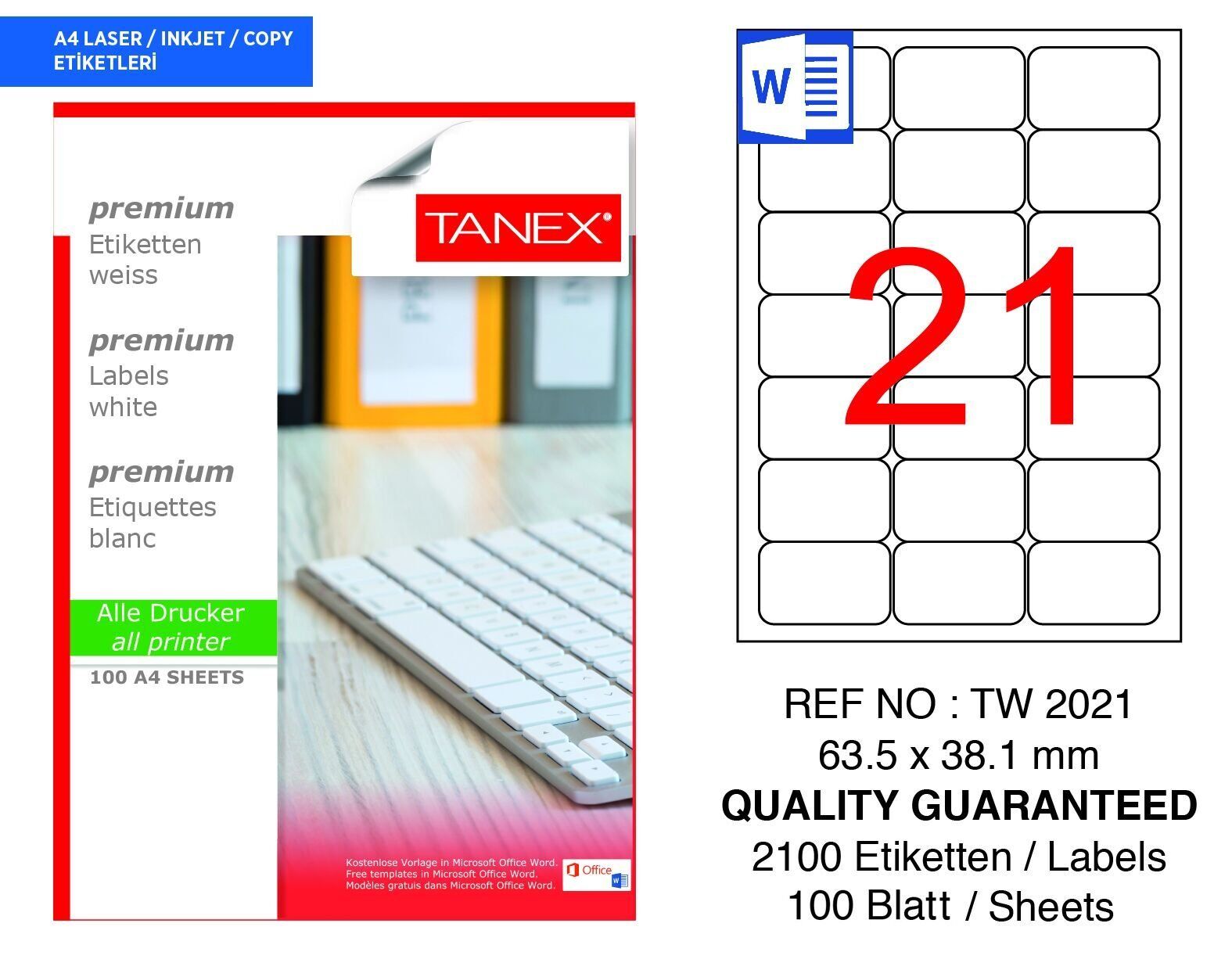 Tanex TW-2021 63,5x38,1mm 100 lü Lazer Etiketi