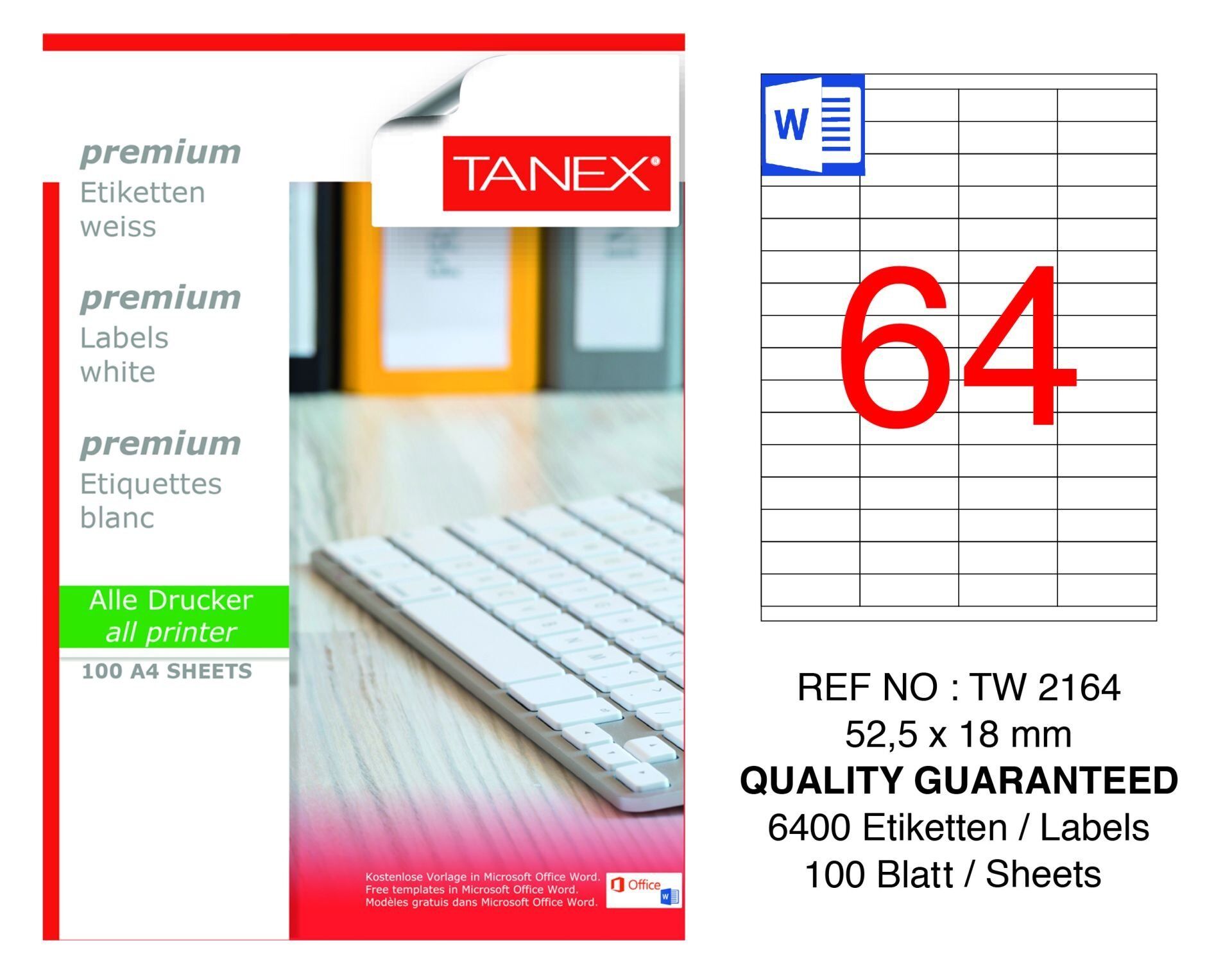 Tanex TW-2164 52,5x18mm 100 lü Lazer Etiket