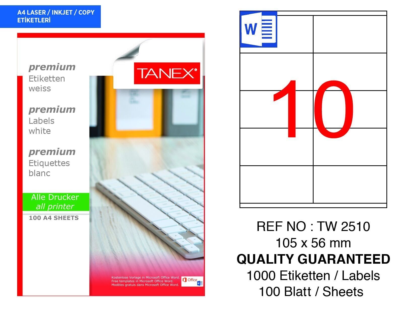Tanex TW-2510 105x56mm 100 lü Lazer Etiketi