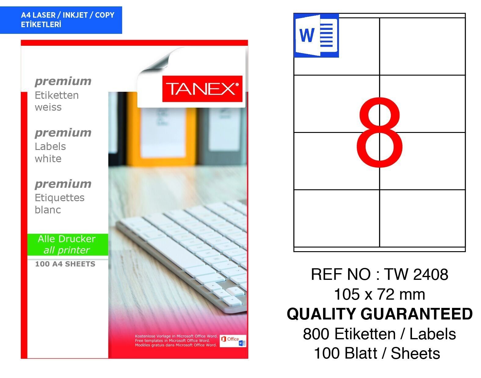 Tanex TW-2408 105x72mm 100 lü Lazer Etiketi