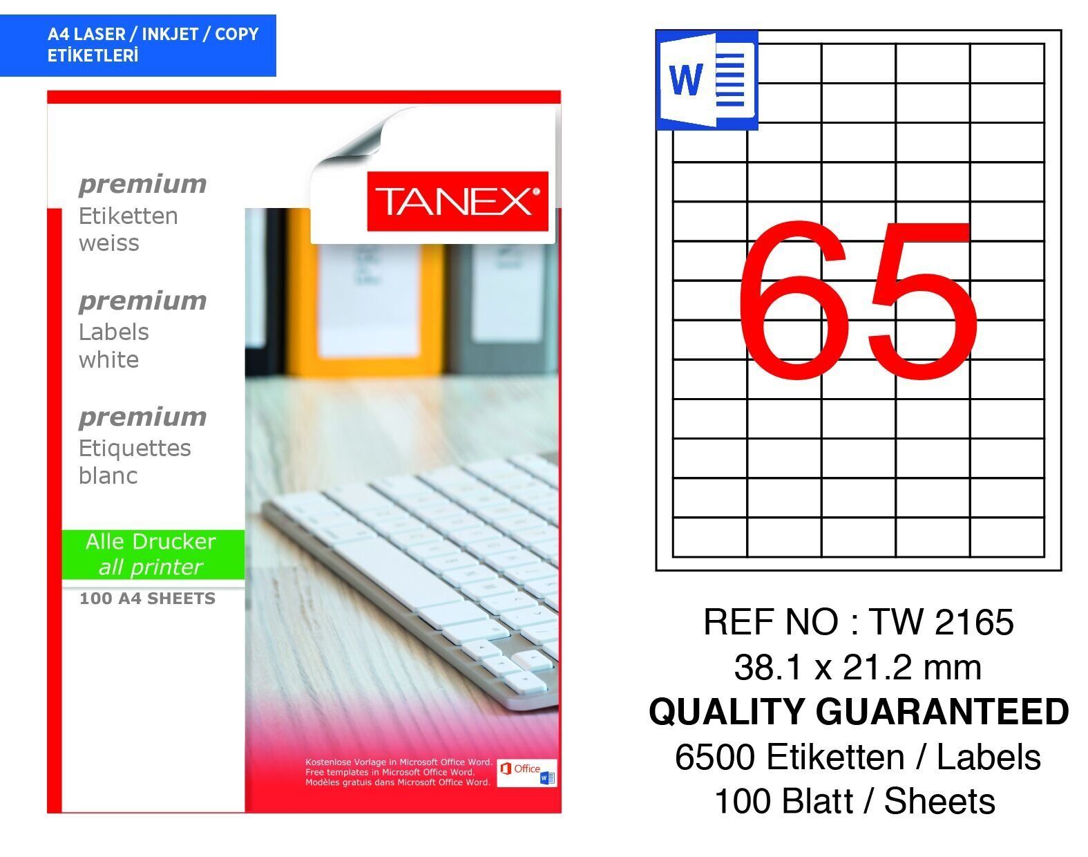 Tanex TW-2165 38,1x21,2mm 100 lü Lazer Etiket
