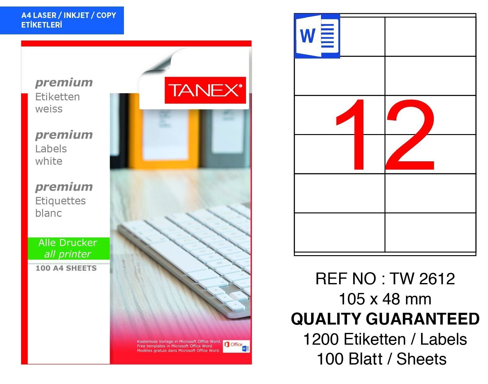 Tanex TW-2612 105x48mm 100 lü Lazer Etiketi