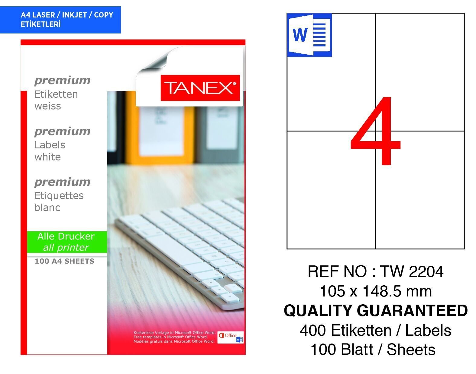 Tanex TW-2204 105x148,5mm 100 lü Lazer Etiket