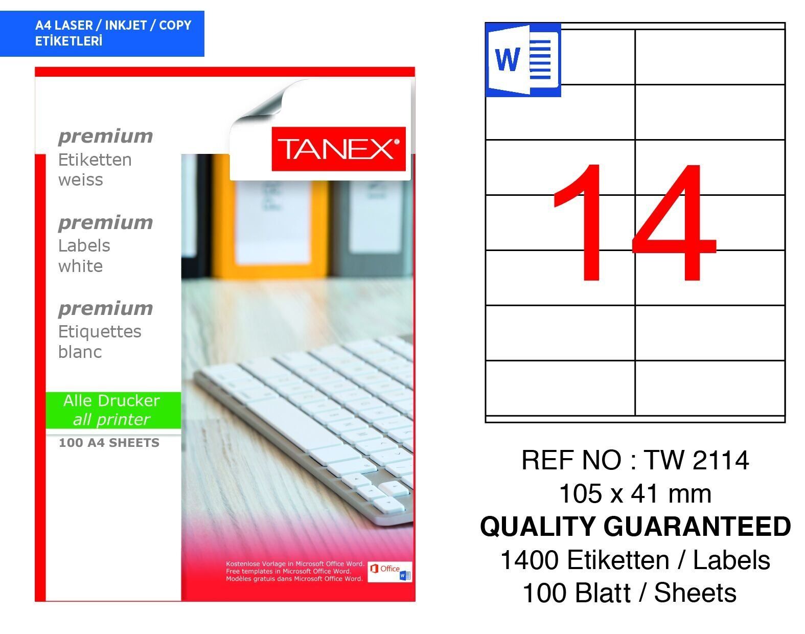 Tanex TW-2114 105x41mm 100 lü Lazer Etiketi