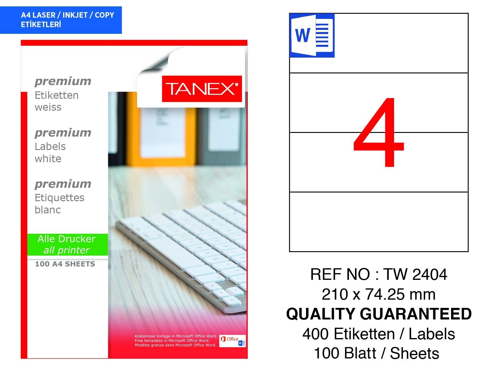 Tanex TW-2404 210x74,25mm 100 lü Lazer Etiketi