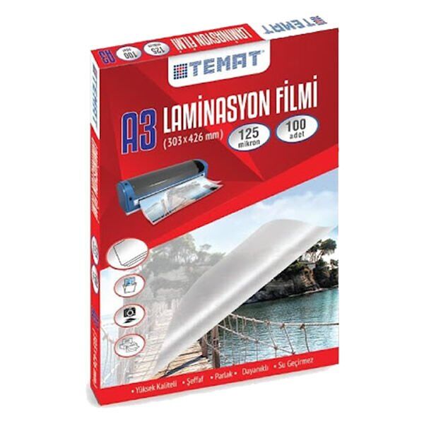 Temat 328910 A3 100 lü 30.3x42.6 cm Kutulu Laminasyon Filmi
